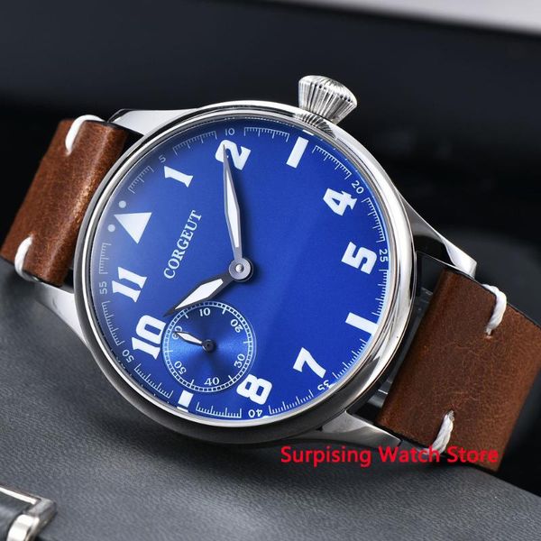 

wristwatches corgeut 44mm fashion watch men 17 jewels hand winding 6497 movement luminous waterproof mechanical wristwatch leather strap, Slivery;brown