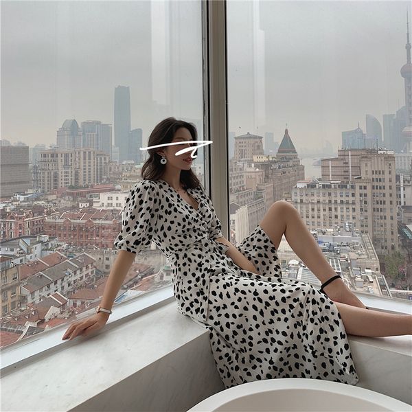 

french retro women chiffon dress white leopard printing sashes wrap dresses office lady party fashion vestido 2021 summer, Black;gray