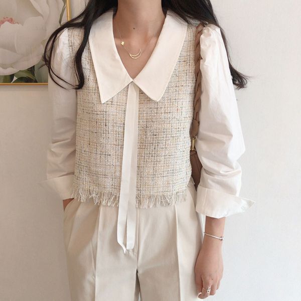 

gentle patchwork elegance stylish basic blouses all match streetwear lapel ol female women chic shirts 210421, White