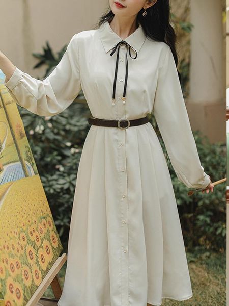 

casual dresses 2021 autumn clothes women's dress french vintage single breasted long sleeve preppy style student collar shirt midi, Black;gray