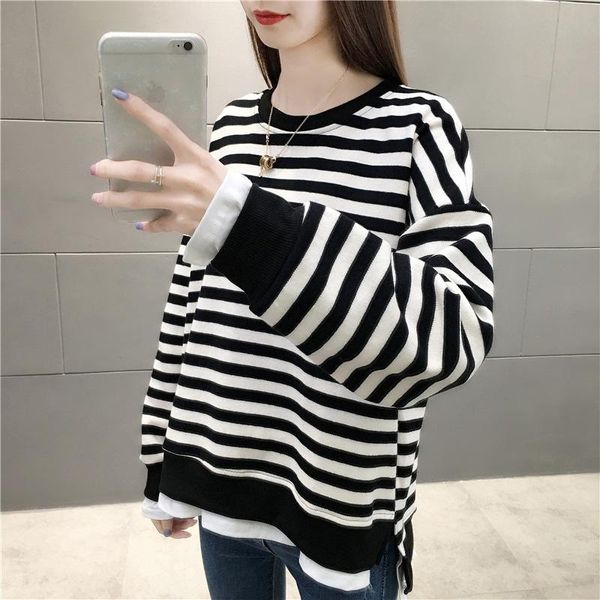 

women's hoodies & sweatshirts splicing two piece style women man spring autumn korean loose thin stripe sweatshirt pullover plus size, Black