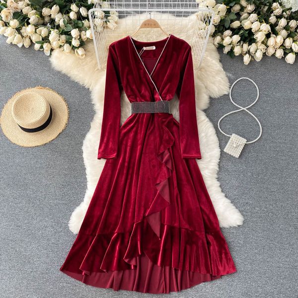 

casual dresses singiny female fall retro dress in velvet long sleeve v neck belt the line dressed irregular fashion design plied dress long, Black;gray