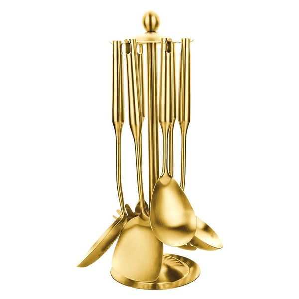 

dinnerware sets 7pcs gold stainless steel soup spoons shovel with rack cookware kitchen utensils cooking tools home accessories
