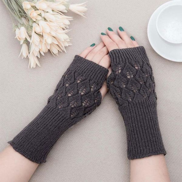 

five fingers gloves women autumn half finger crochet hollow out leaves knitted stretchy warm fingerless mittens female solid color thumb hol, Blue;gray