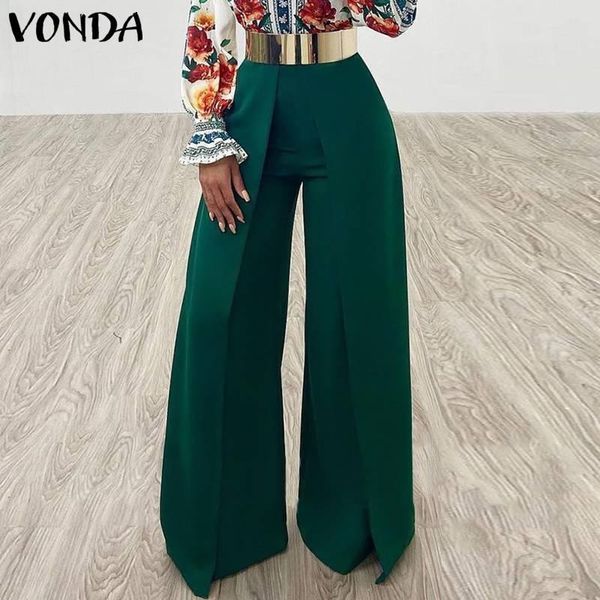 

women's pants & capris office wide leg 2021 vonda women elegant solid color high waist long trousers pleated palazzo zipper pantalon fe, Black;white