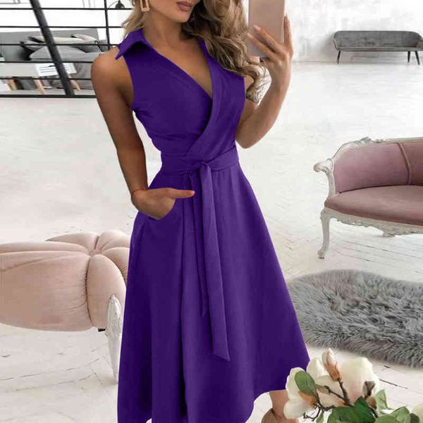 

fashion woman dress turn-down collar pure color lacing up long dress robe femme sleeveless spring summer casual women dresses y1204, Black;gray