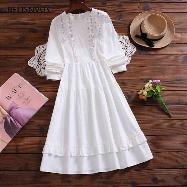 Mori Girl Autunno Primavera Donna Abito bianco Pizzo floreale Elegante Principessa Fata Manica lunga Carino Chic Midi Ruffles 210520