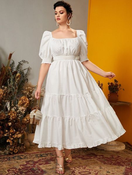 

plus shirred puff sleeve ruffle hem a-line dress x3hz#, Black