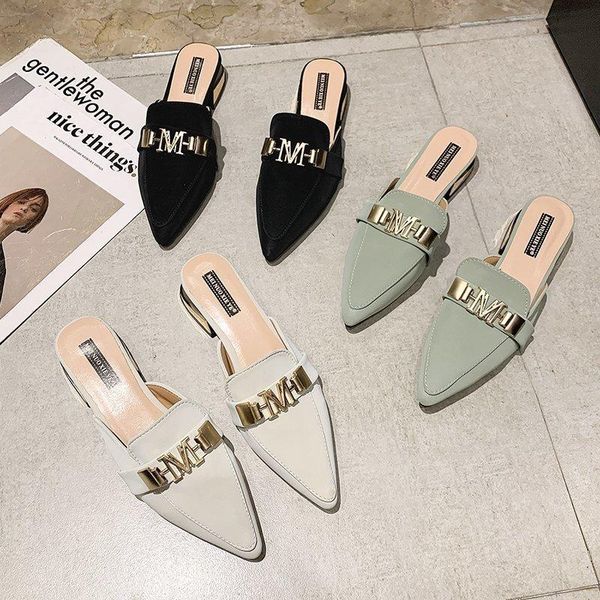 

slippers wohdhe women's low heels ladies sandals pointed toe female pu leather summer slides fashion, Black