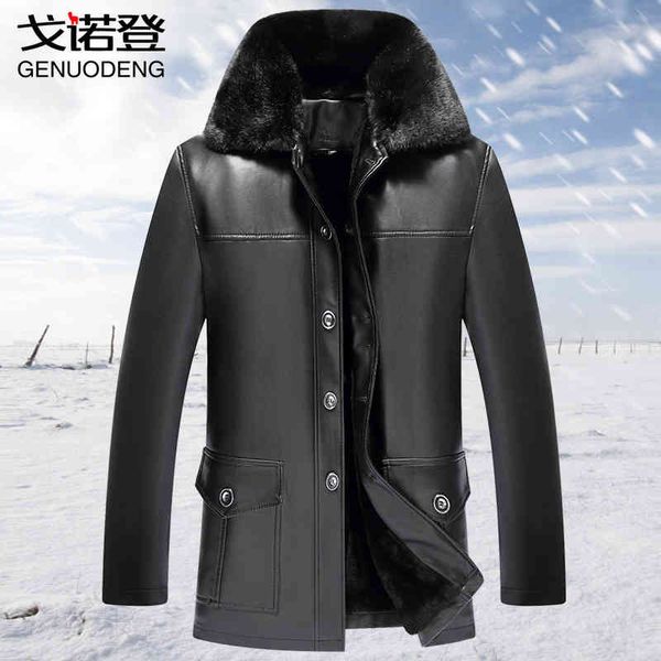 

men's leather medium synthetic fur medium plush collar winter coat, Black