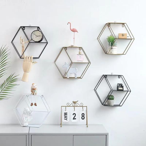 

modern simple iron art hexagonal wall shelf living room bedroom decoration, storage and finishing other home decor