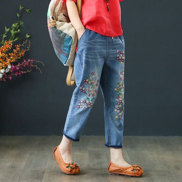 

baggy jeans women high waist plus size mom ladies jeans trousers denim embroidery loose ankle length harem pants elastic waist, Blue