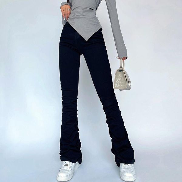 

women's jeans kawaii american pleated ruffle flare pants women autumn high waist mopping denim trousers korean a7uq, Blue
