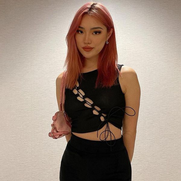 

women's tanks & camis e-girl fashion hollow out bandage black crop mall goth y2k lace-up ribbed o-neck sleeveless tank streetwear, White