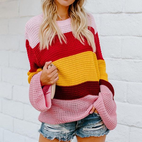 

women's sweaters sweater women pullover loose autumn for ladies female colorful striped flare sleeve winter femme, White;black