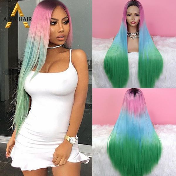 

synthetic wigs ombre black pink lace front wig aiva glueless straight yellow blonde heat resistant cosplay for women