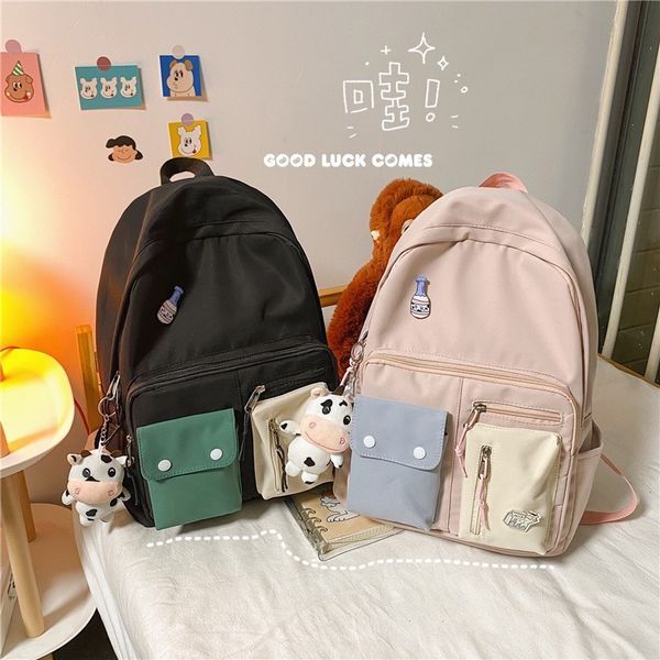 

harajuku fashion women's backpack contrast color nylon school bag for girls multi-pocket large-capacity backpacks
