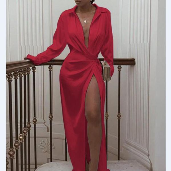 

casual dresses women solid v neck evening party dress high split elegant club maxi long 653, Black;gray