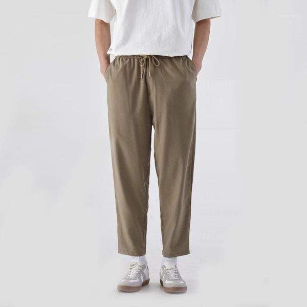 

men's pants solid straight 2021 spring and summer urban youth drawstring waist thin casual, Black