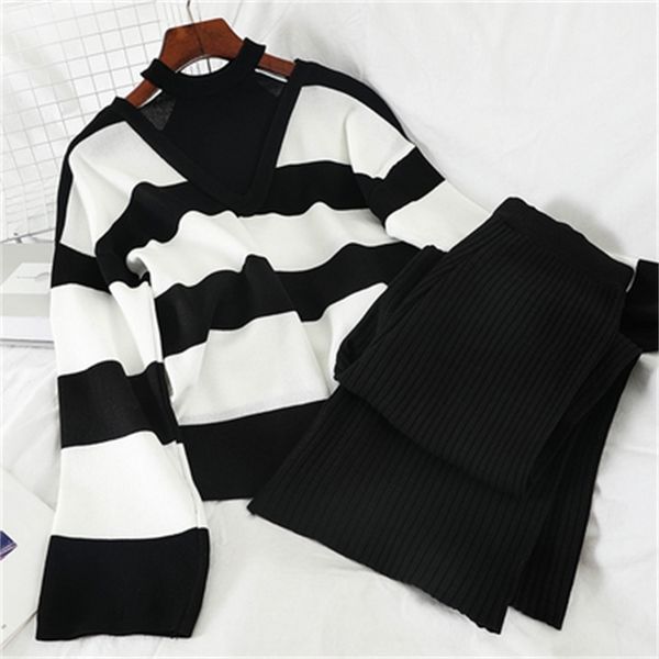 

women's two piece pants women knitted pullovers sweater stripe knit jumper + wide leg long suits tracksuits two piece set ins, White