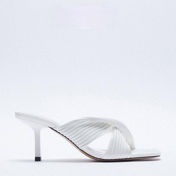 

sandals 2021 summer women white temperament small pleated pull strap high-heeled fashion shoes, Black
