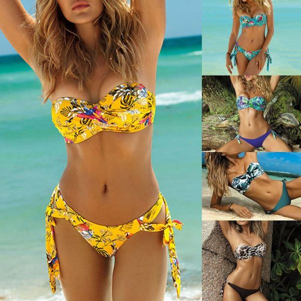 

one-piece suits women two-piece swimwear set printed pattern bikini and tie up shorts bathing suit beachwear swimsuit