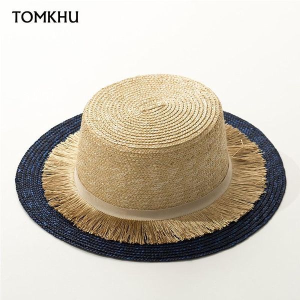

summer natural navy blue patchwork straw sun hat female fashion breathable beach casual flat boater lady chapeau wide brim hats, Blue;gray