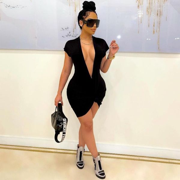 

casual dresses fashion women dress twist pencil solid color deep v-neck short sleeve 1-piece mini streetwear, Black;gray
