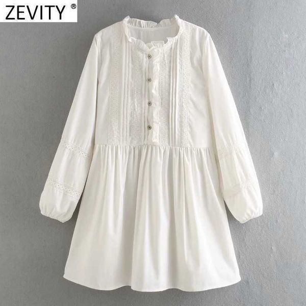 Zevity Women Sweet Agaric Ruffles O Neck Pizzo Crochet Patchwork Camicia Abito Donna Chic Pieghe Party Vestido Abbigliamento DS4928 210603