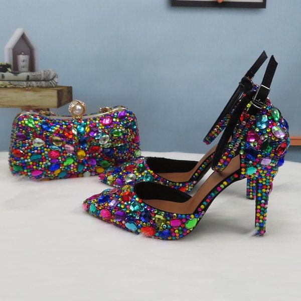 

dress shoes women's sandals 2021 summer high heels colored crystal party wedding bride shoe and bag set big size, Black