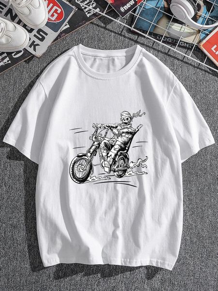 

men skeleton & motorcycle print tee t7rf#, White;black