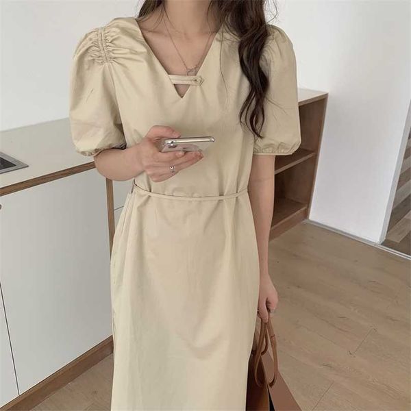 

design v-neck summer office lady minimalist party loose high waist casual femme long dresses vestidos 210525, Black;gray
