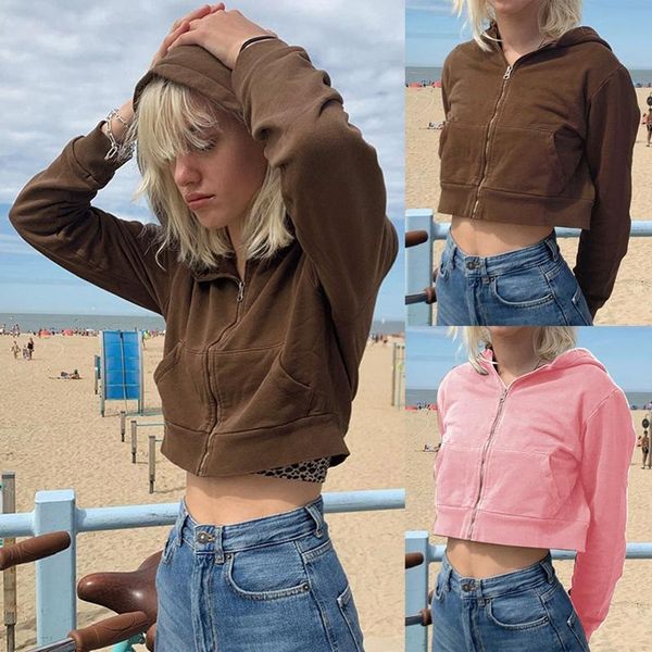 

women's jackets fashion solid color zipper hooded short sweater jacket, Black;brown