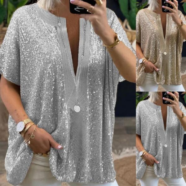 

women's t-shirt women sequined 2021 summer fashion ladies mid-length short-sleeved ins bright glitter loose, White