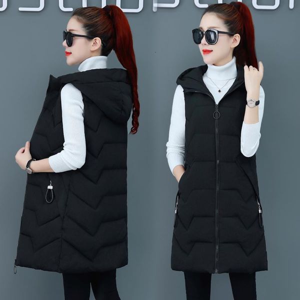 

women's vests korean waistcoat medium length slim fit versatile hooded jacket down cotton coat with extra size shoulder, Black;white