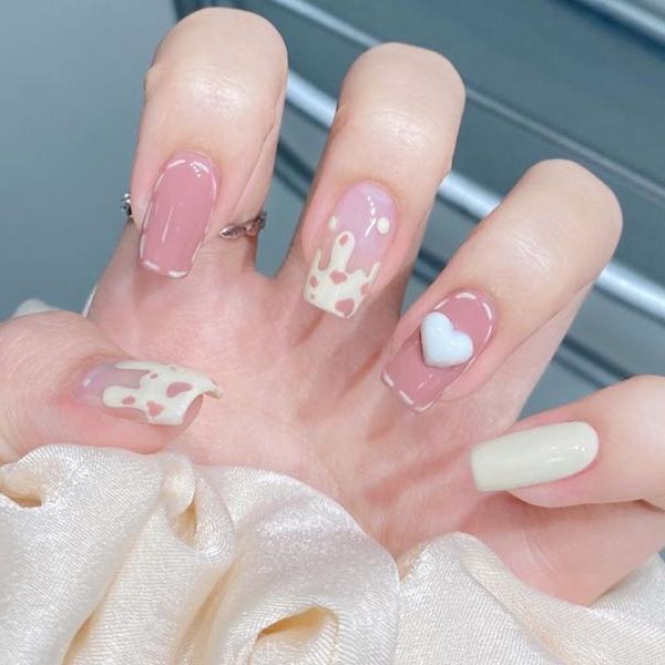 

false nails 24pcs love heart nail patch sweet style glue type removable long paragraph manicure save time cin6 899, Red;gold