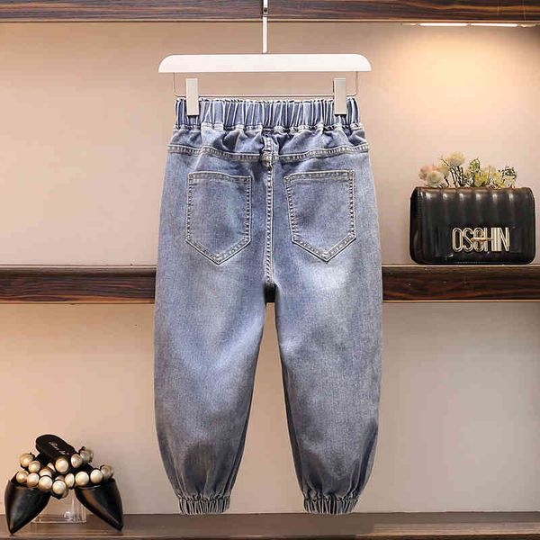 

women's jeans summer new fashion women elastic waist loose vintage blue ripped button design cotton denim harem pants plus size l-
