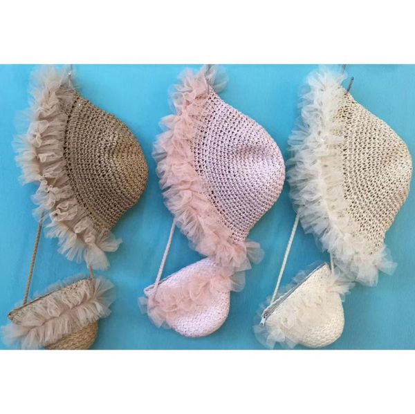 

2pcs/set child girl lace sun hats for mesh straw beach side cap floppy female solid fringe hat summer chapeu caps &, Yellow