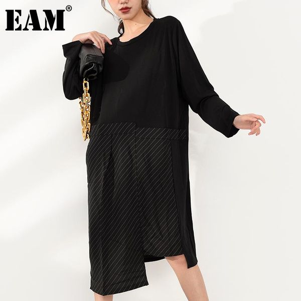 

[eam] women black big size striped irregular dress round neck long sleeve loose fit fashion tide spring autumn 2021 jo34903 casual dresses, Black;gray