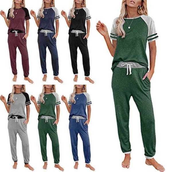 

sleepwear 2021 home wear pajamas women's solid color splicing round ne short sleeve casual suit, Black;red