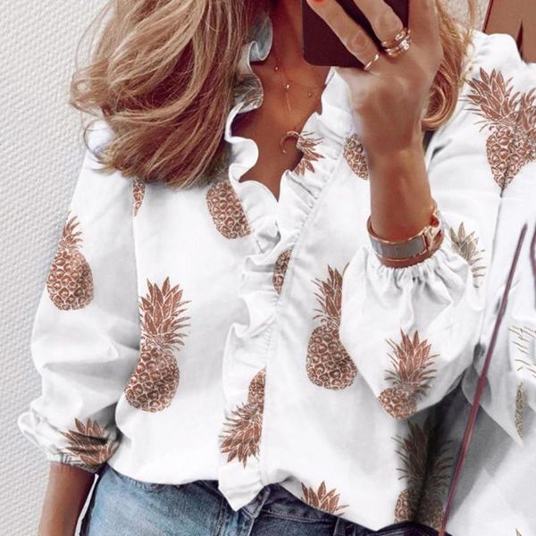 

ruffle pineapple print blouse womens casual full sleeve office work loose shirts plus size women 2021 summer clothing women's blouses, White