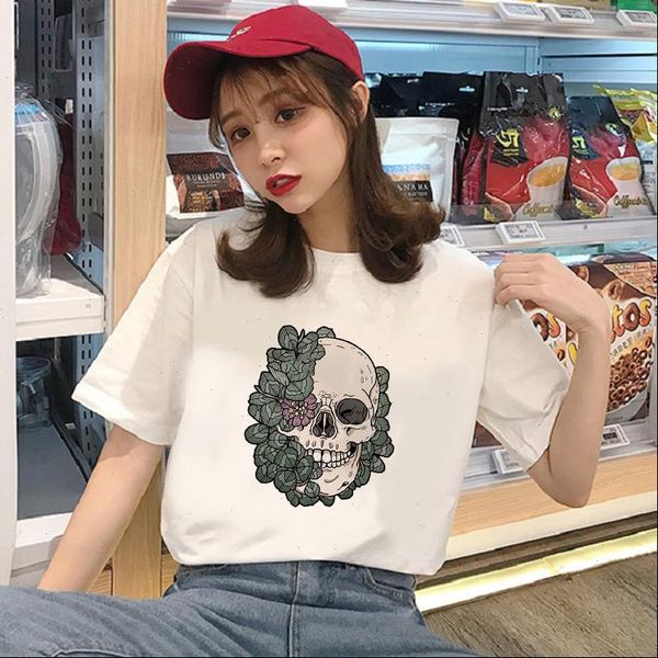 

women t shirt kawaii horro skull flowers femal tshirt cartoon tees casual harajuku short sleeve fun ulzzang tee, White