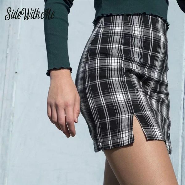 

skirts women summer plaid pencil skirt mini fashion casual ladies chic streetwear split elegant elastic female bodycon, Black
