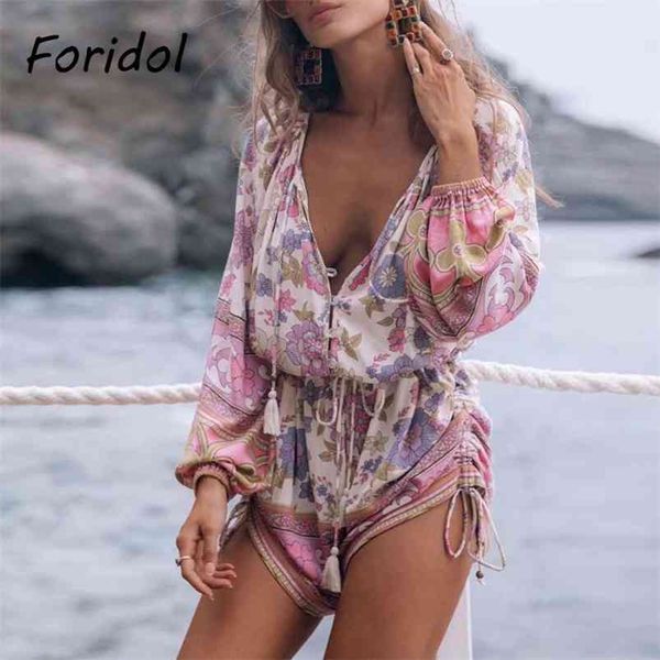 

bohemian lace up pink floral print playsuits romper women elastic casual short pants beach jumpsuits overalls holiday 210427, Black;white