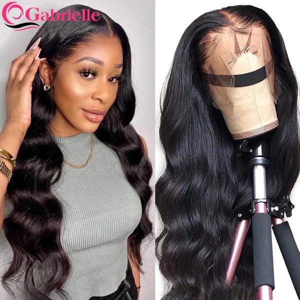 

13x4 lace frontal wig brazilian body wave human hair wigs for black women 30 inch closure remy gabrielle, Black;brown