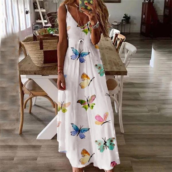 

women casual v-neck butterfly print dress summer 2021 retro skirt sleeveless beach vacation long vestido de mujer women's swimwear, White;black