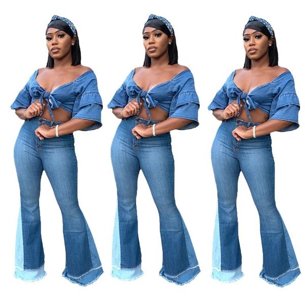 

women's jeans women patchwork fashion stretch skinny mid waist bell bottom woman vintage wide leg denim pants pantalones, Blue