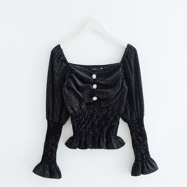 

women black diamond shine dot full sleeve long slash neck blouse puff autumn fall bling b0278 210514, White