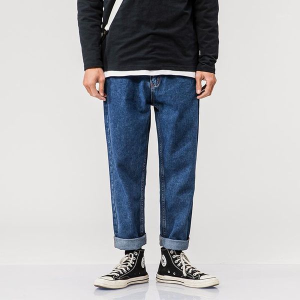

spring and summer harajuku korean version of the ins trend casual jeans cropped pants loose comfortable large size men's, Blue
