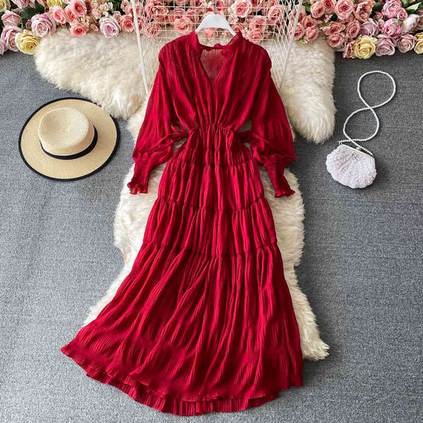 

vintage red/orange/beige chiffon dress women elegant v-neck lantern long sleeve high waist party beach vestido female spring 210426, Black;gray